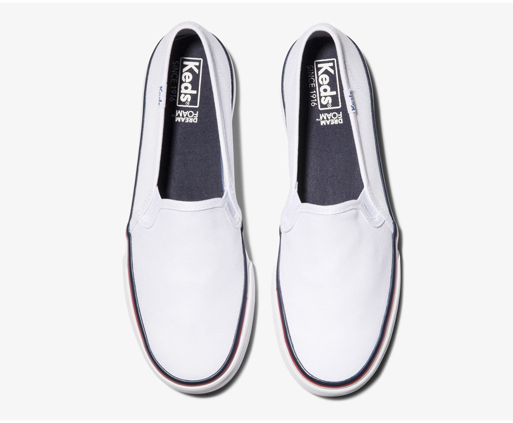 Slip Ons Keds Mujer Blancos - Washable Double Decker Varsity - 6841-HPGMD